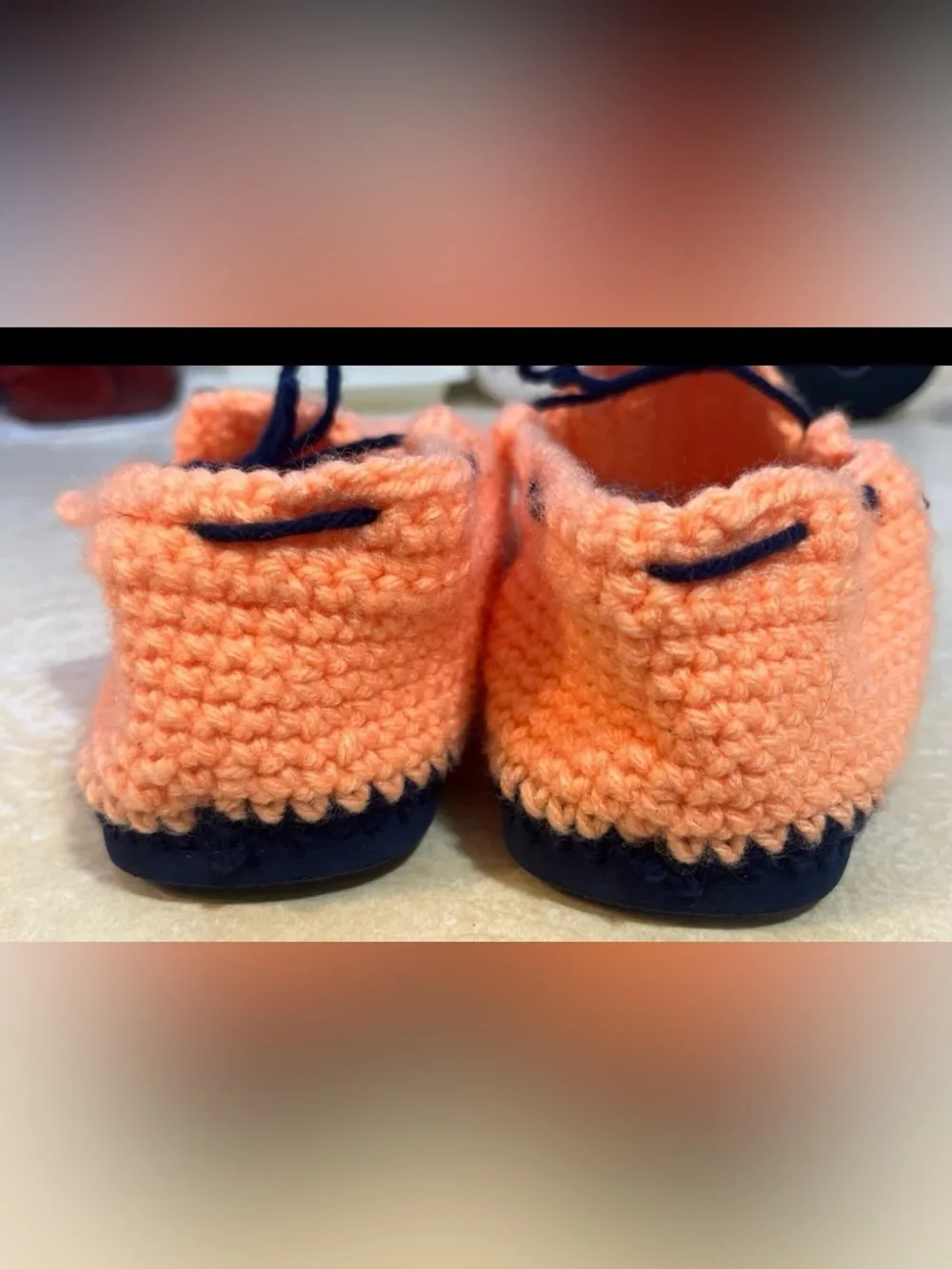 Cozy Peach Crochet Kids Moccasins with Navy Accent